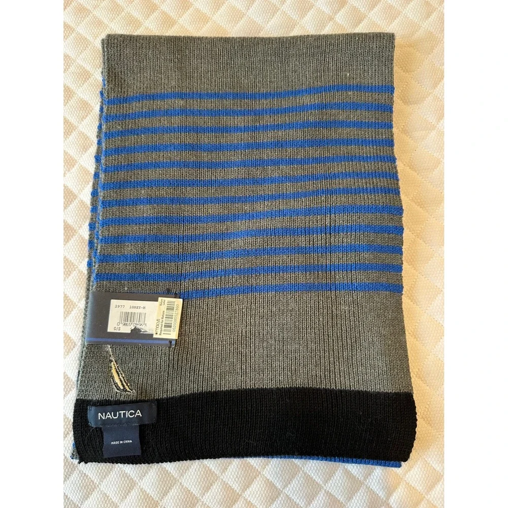 Nautica Mens Grey Blue Striped Knit Scarf Wool Blend Winter Accessory New